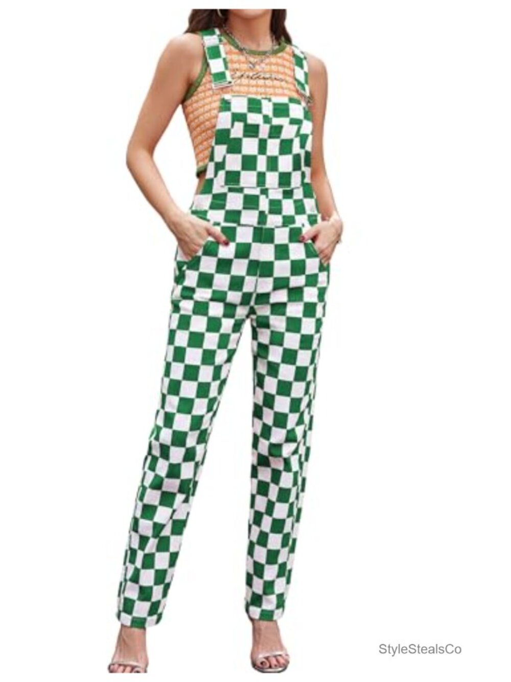 Green Checkered Print Womens Bib Overall Jumpsuit Stretchy Adjustable Straps